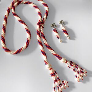 Vintage Red White & Blue Beaded Tassel Necklace & Earrings Set
